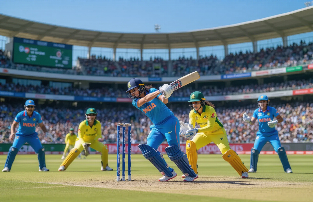 Create a realistic image of a cricket stadium during a women's ODI match between India and Australia with female cricketers in action on the field, showing Indian players in blue jerseys and Australian players in yellow jerseys, with a packed crowd in the stands, bright daylight with clear blue sky, capturing an exciting moment of play with a batsman hitting the ball while fielders are positioned around, stadium scoreboards and electronic displays visible in the background, vibrant atmosphere with spectators cheering, absolutely NO text should be in the scene.
