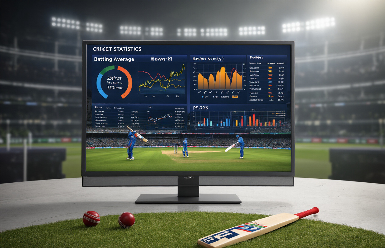 Create a realistic image of a modern cricket statistics dashboard displayed on a large digital screen showing player performance metrics including batting averages, bowling figures, and match statistics with colorful charts and graphs, set in a professional sports broadcast studio environment with soft studio lighting, featuring cricket equipment like bats and balls as decorative elements in the background, absolutely NO text should be in the scene.