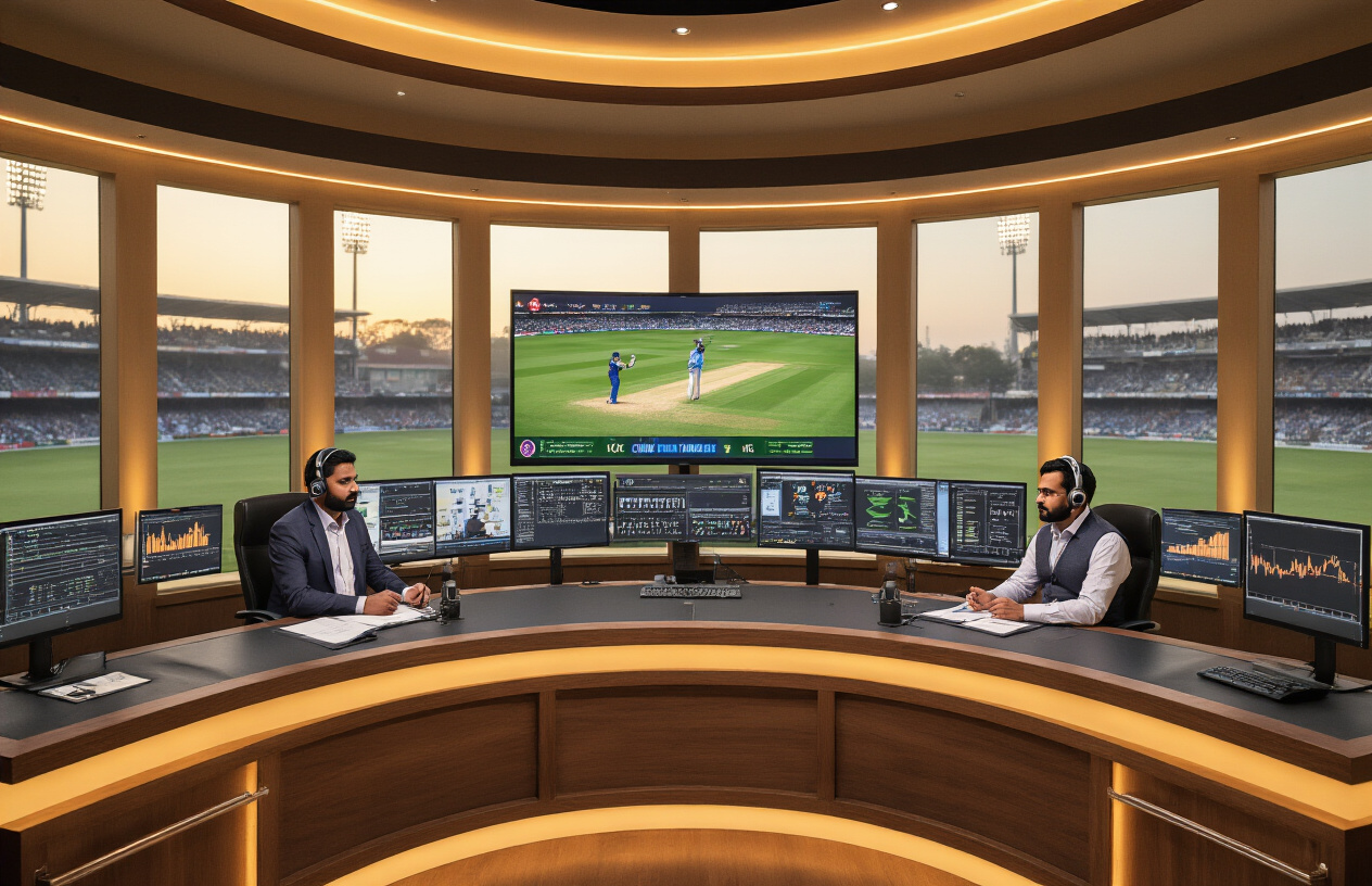 Create a realistic image of a professional cricket commentary booth with two male commentators of South Asian descent sitting behind a modern broadcasting desk, wearing headsets and formal attire, with multiple monitors displaying cricket statistics and match footage in the background, cricket ground visible through large windows, warm professional lighting creating a broadcast studio atmosphere, microphones positioned in front of each commentator, and digital scoreboards and analytical graphics visible on screens around them, absolutely NO text should be in the scene.