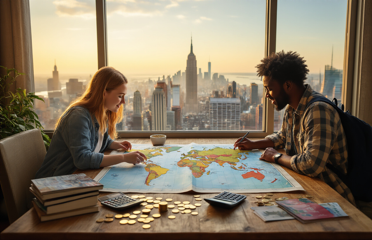Create a realistic image of a diverse group of budget-conscious travelers including a white female and black male examining a large colorful map spread on a wooden table, surrounded by travel guides, a calculator, and coins scattered around, with iconic American city skylines visible through a large window in the background showing affordable destinations like smaller cityscapes and charming town centers, warm natural lighting streaming through the window creating an inviting planning atmosphere, absolutely NO text should be in the scene.