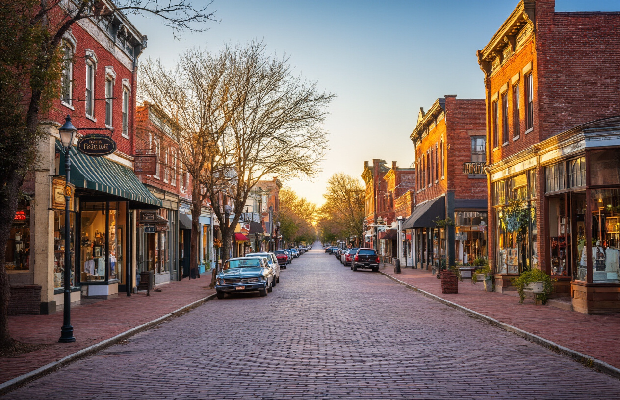 Create a realistic image of a charming small American town main street with historic brick buildings, local shops with vintage storefronts, tree-lined sidewalks, and a few parked cars, showcasing an affordable, picturesque destination with warm golden hour lighting that emphasizes the cozy, budget-friendly atmosphere of a hidden gem town, absolutely NO text should be in the scene.