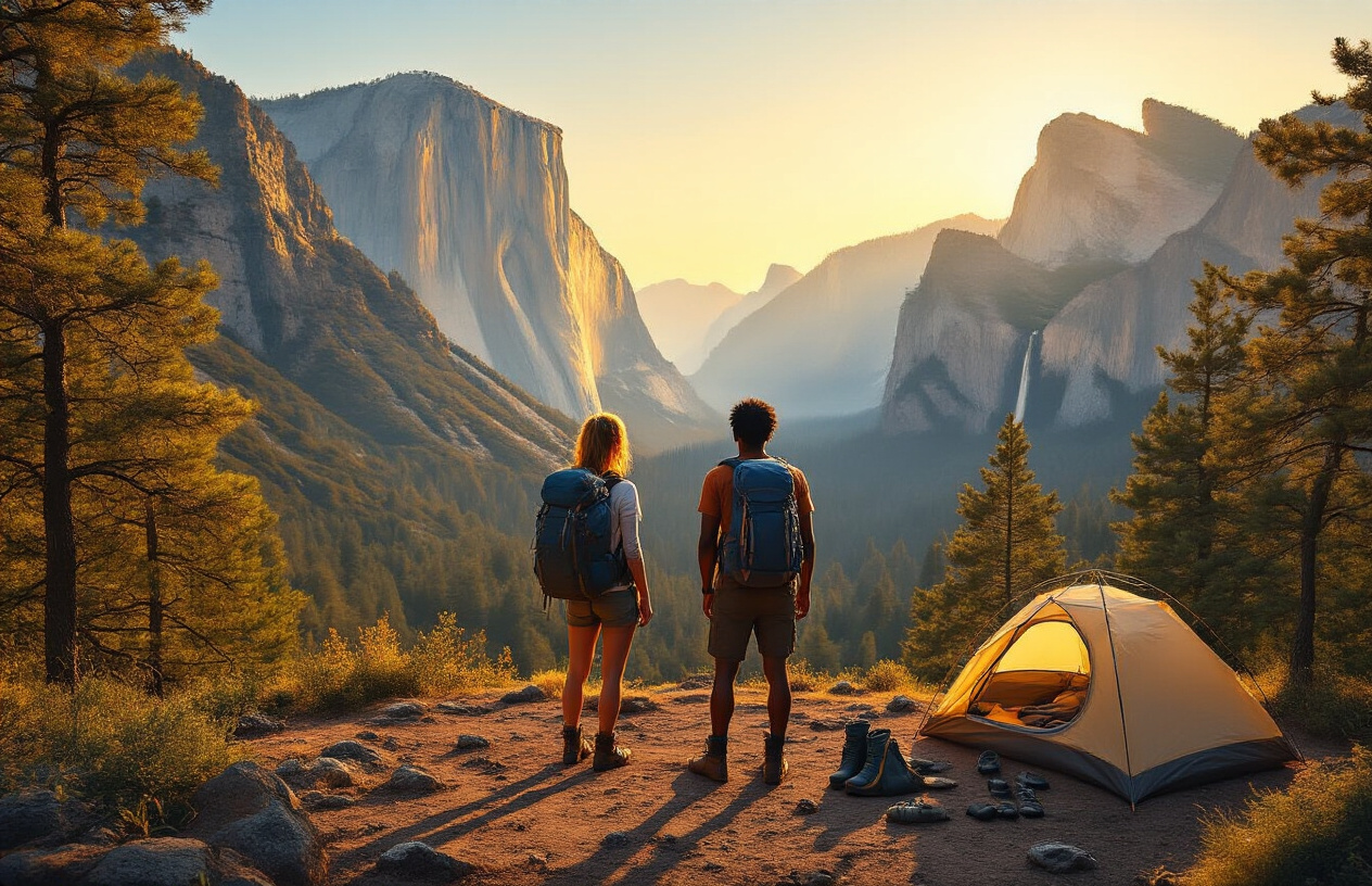 Create a realistic image of a diverse group of budget-conscious travelers including a white female and black male hiker with backpacks standing at a scenic overlook in a national park, with towering rock formations and pine trees in the background, golden hour lighting creating warm shadows across the landscape, camping gear visible nearby including a small tent and hiking boots, conveying an affordable outdoor adventure experience with natural beauty and accessible recreation, Absolutely NO text should be in the scene.