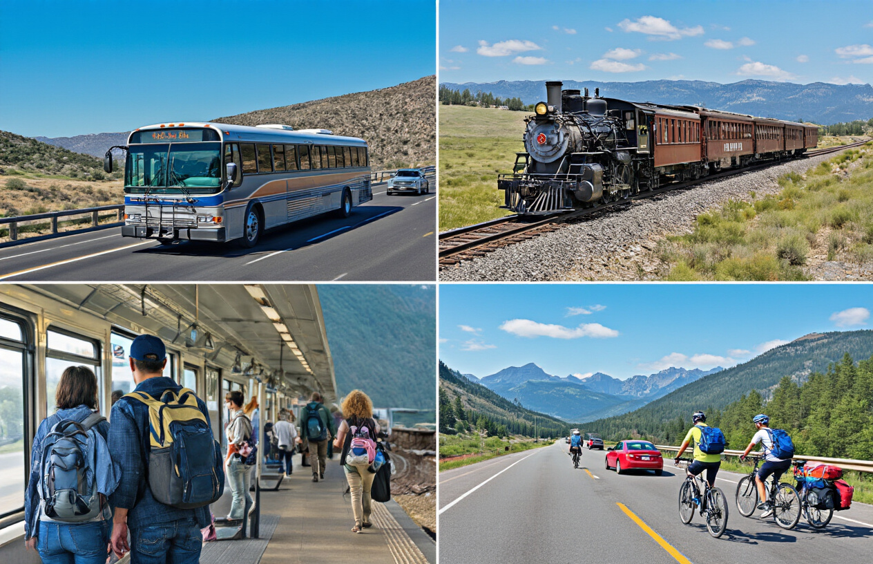 Create a realistic image of a diverse transportation collage showing budget travel options including a Greyhound bus on a highway, passengers with backpacks waiting at a bus station, a vintage train crossing through American countryside, people carpooling in an economy car with luggage on the roof, and cyclists with touring gear on a scenic road, all under bright daylight with clear blue skies, emphasizing affordable travel across America, absolutely NO text should be in the scene.