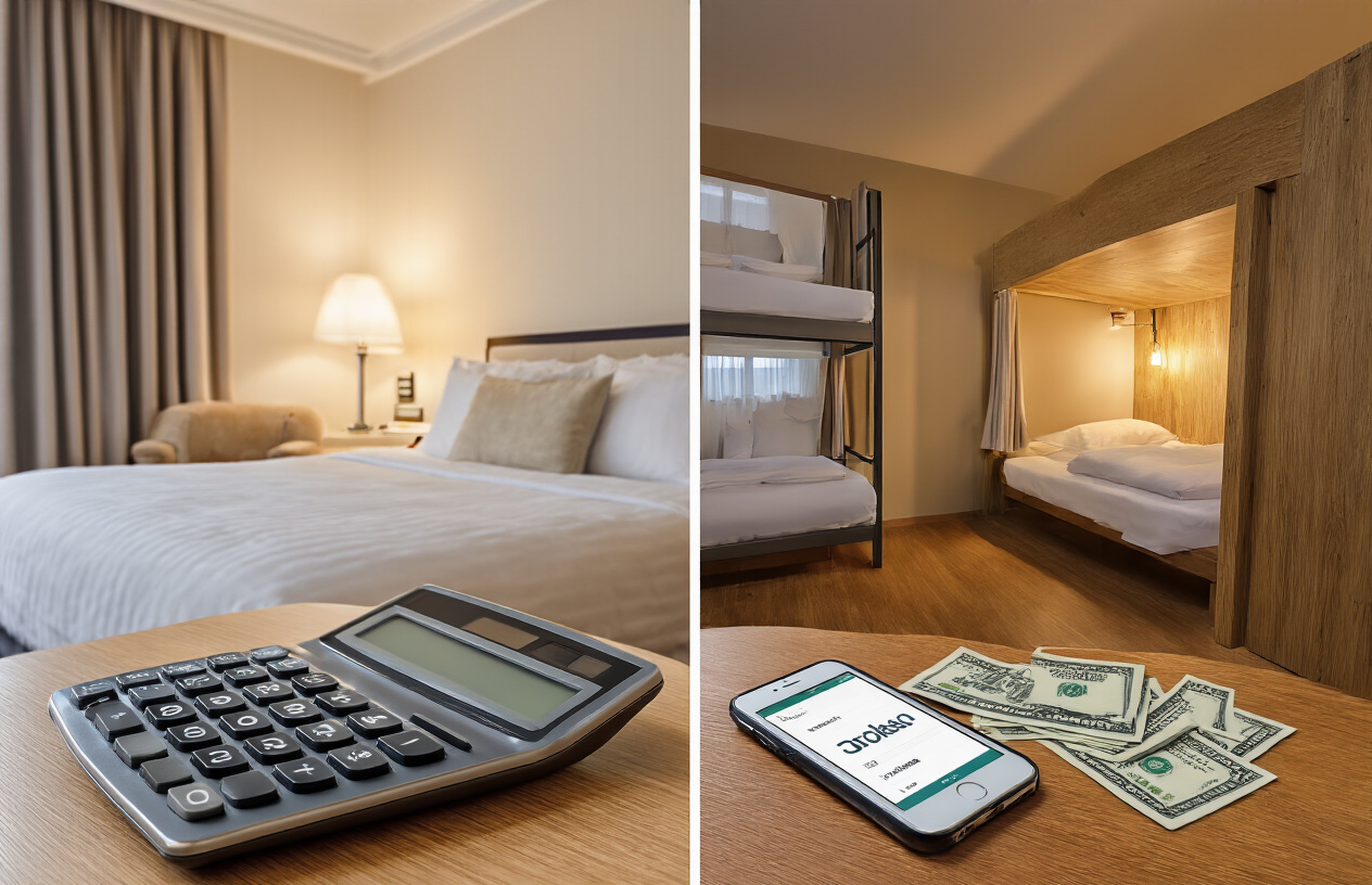 Create a realistic image of a split-screen comparison showing an expensive luxury hotel room on one side with plush bedding and elegant furnishings, and a budget-friendly accommodation on the other side featuring a clean, simple hostel dormitory or affordable motel room, with a calculator, smartphone displaying booking apps, and scattered dollar bills on a wooden desk in the foreground, warm indoor lighting creating a cozy atmosphere that emphasizes smart money-saving choices, absolutely NO text should be in the scene.