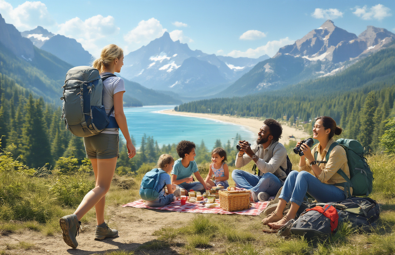 Create a realistic image of a diverse group of people enjoying various free outdoor activities across different American landscapes, including a white female hiking on a nature trail, a black male family with children having a picnic in a park, and an Asian female couple bird watching with binoculars, set against a composite background showing mountains, forests, beaches, and city parks under bright natural daylight, conveying an atmosphere of affordable recreation and accessibility, with camping gear, bicycles, and backpacks visible as complementary elements, absolutely NO text should be in the scene.