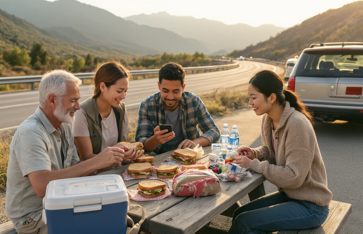 Create a realistic image of a diverse group of travelers sitting around a picnic table at a roadside rest area, with a white male and black female sharing homemade sandwiches from a cooler, a Hispanic male consulting a smartphone for local restaurant deals, and an Asian female organizing snacks and water bottles on the table, with their packed car visible in the background, mountains and highway scenery beyond, warm golden hour lighting creating a cozy road trip atmosphere, absolutely NO text should be in the scene.