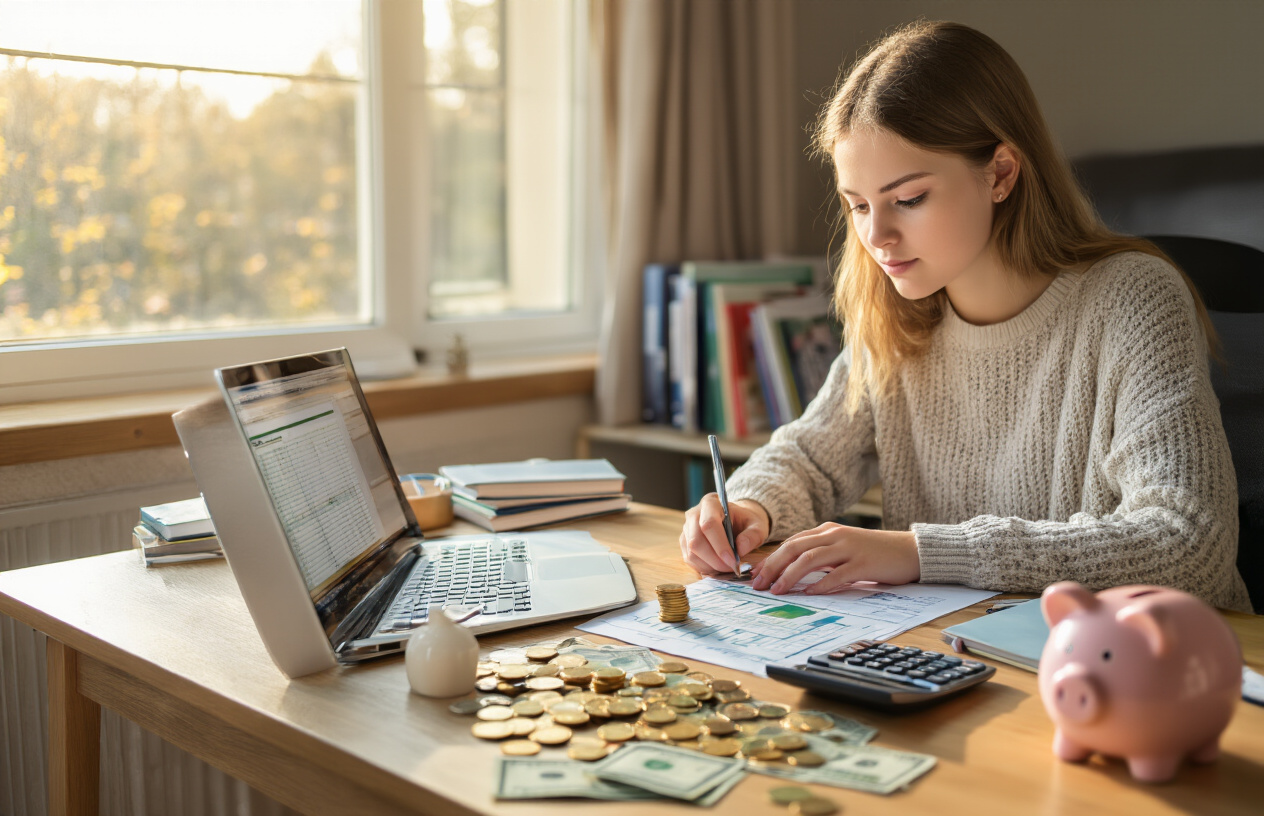 Create a realistic image of a young white female college student sitting at a wooden desk in a dorm room, focused on managing her finances with a laptop open showing a budgeting spreadsheet, scattered coins and dollar bills on the desk surface, a small piggy bank, a calculator, and some college textbooks in the background, warm natural lighting from a nearby window creating a studious atmosphere, the scene conveying responsibility and financial planning, absolutely NO text should be in the scene.