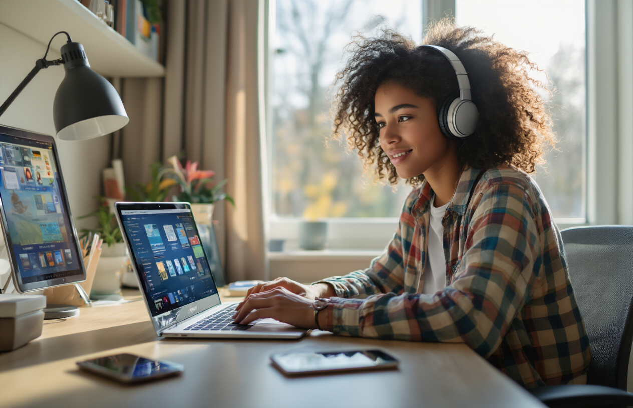Create a realistic image of a young diverse college student sitting at a modern desk in a bright dorm room, using a laptop computer with multiple educational apps and digital tools visible on the screen, surrounded by a tablet, smartphone, and wireless headphones, with natural sunlight streaming through a window creating a productive and focused learning atmosphere, showing the integration of various technologies for academic success, absolutely NO text should be in the scene.