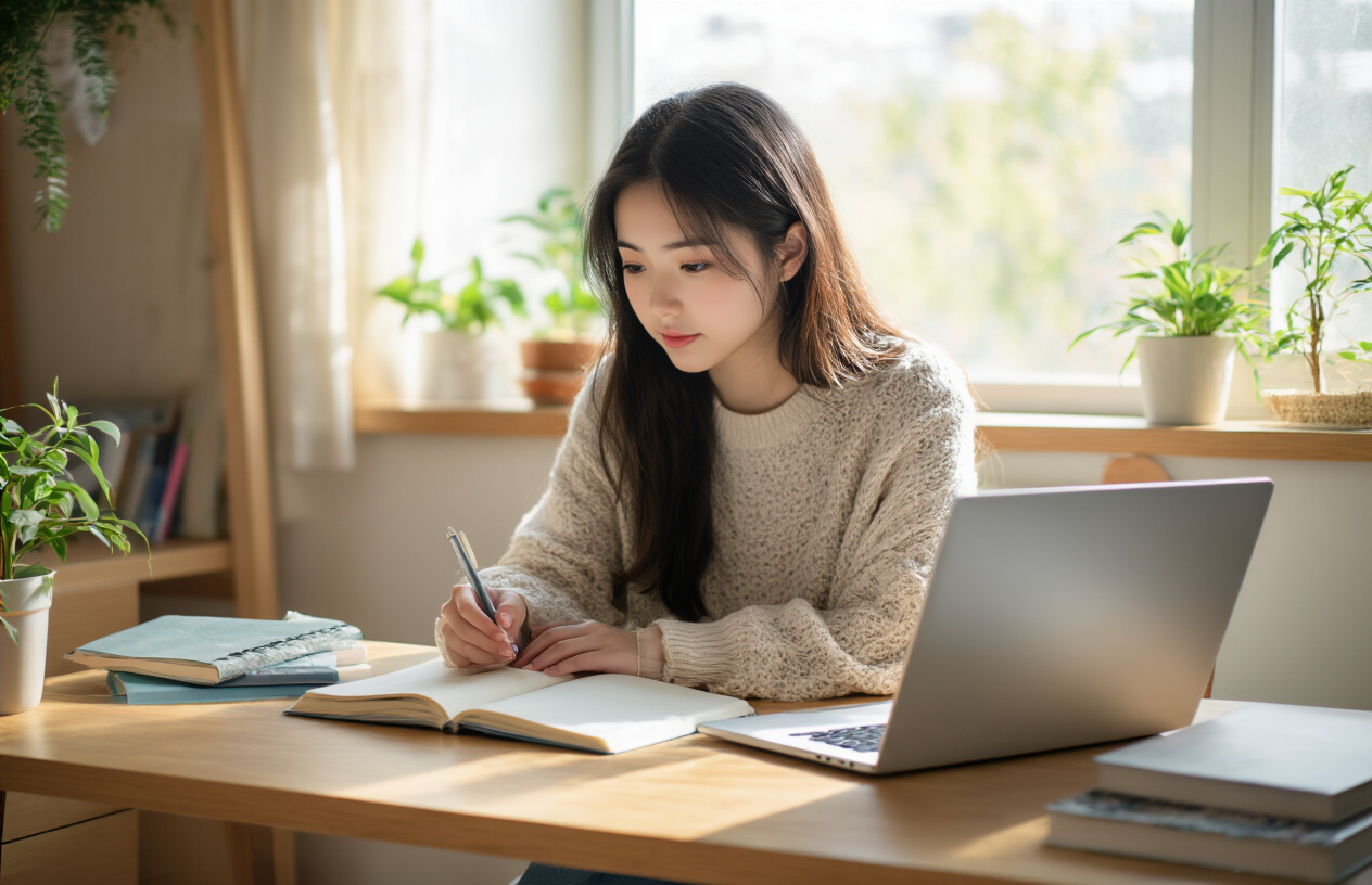 Create a realistic image of a young Asian female college student sitting at a wooden desk in a cozy dorm room, looking thoughtfully at an open journal while holding a pen, with a laptop, some textbooks, and a small plant nearby, soft natural lighting coming through a window, creating a peaceful and contemplative atmosphere that suggests personal growth and self-reflection, absolutely NO text should be in the scene.