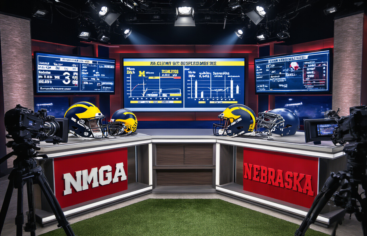 Create a realistic image of a split-screen football analysis setup showing Michigan Wolverines and Nebraska Cornhuskers team helmets positioned on opposite sides of a modern sports broadcast desk, with team statistics charts and tactical diagrams displayed on monitors in the background, professional studio lighting creating a dramatic sports media atmosphere, cameras and broadcast equipment visible around the edges, maize and blue colors representing Michigan on one side and scarlet red representing Nebraska on the other side, clean modern sports journalism environment with no people present, absolutely NO text should be in the scene.