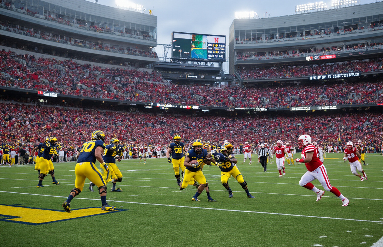 Create a realistic image of a college football stadium during an active game showing Michigan and Nebraska players in action on the field, with Michigan players wearing maize and blue uniforms and Nebraska players in red uniforms, captured during first quarter gameplay with a packed stadium crowd in the background, bright stadium lighting illuminating the green field with yard markers visible, scoreboard showing early game time, and the intense energy of live college football action with players mid-play, absolutely NO text should be in the scene.