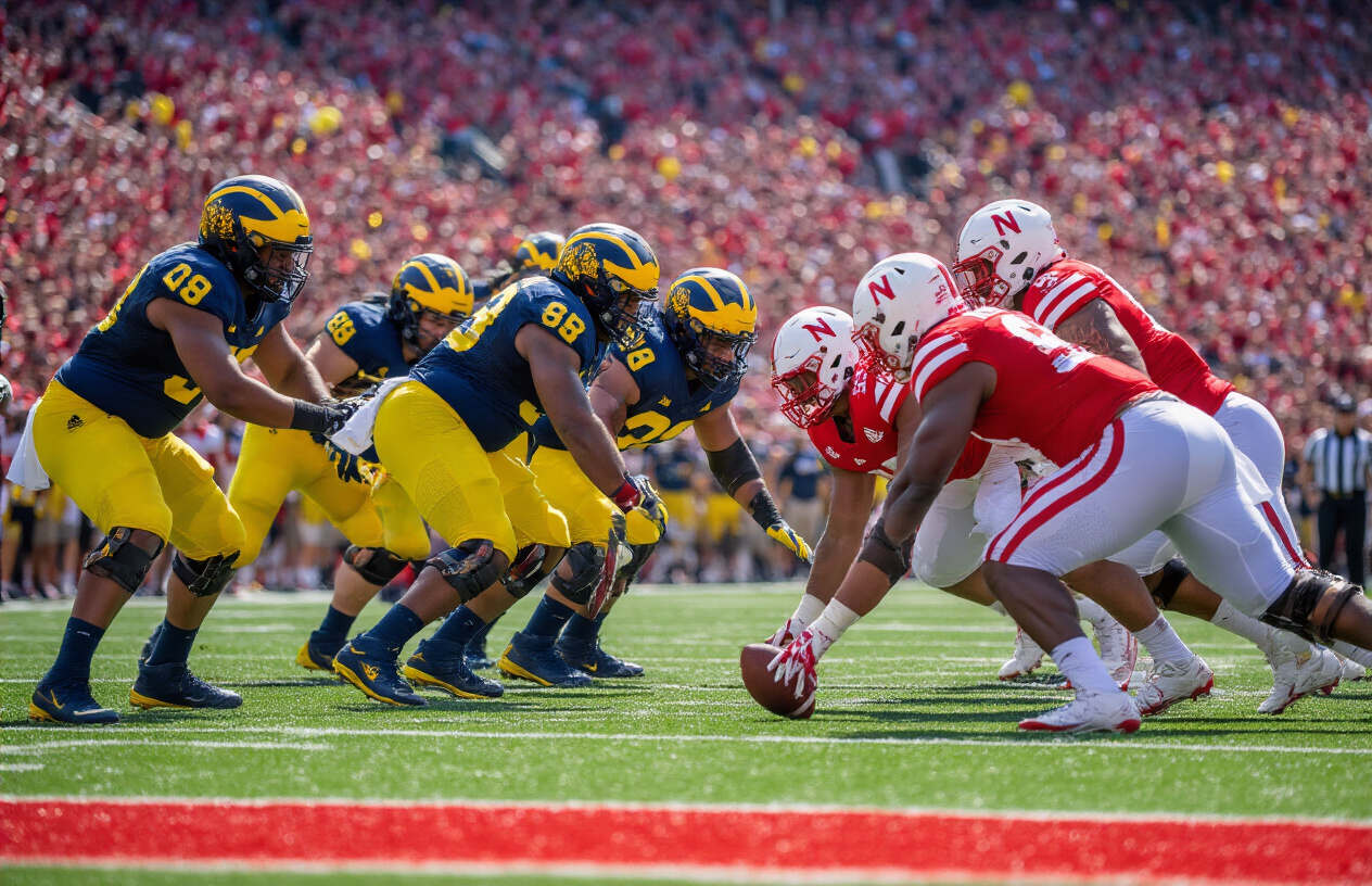 Create a realistic image of a college football game in progress showing a pivotal moment during the second quarter, featuring players from Michigan (in maize and blue uniforms) and Nebraska (in red uniforms) engaged in an intense play at the line of scrimmage, with a diverse group of male athletes of various races including white, black, and Hispanic players, capturing the momentum and energy of a key play with players in dynamic action poses, set in a large packed football stadium with bright daylight lighting, crowds of cheering fans in the background wearing team colors, and the football field's yard lines and hash marks clearly visible, conveying the excitement and tension of a crucial game moment, absolutely NO text should be in the scene.