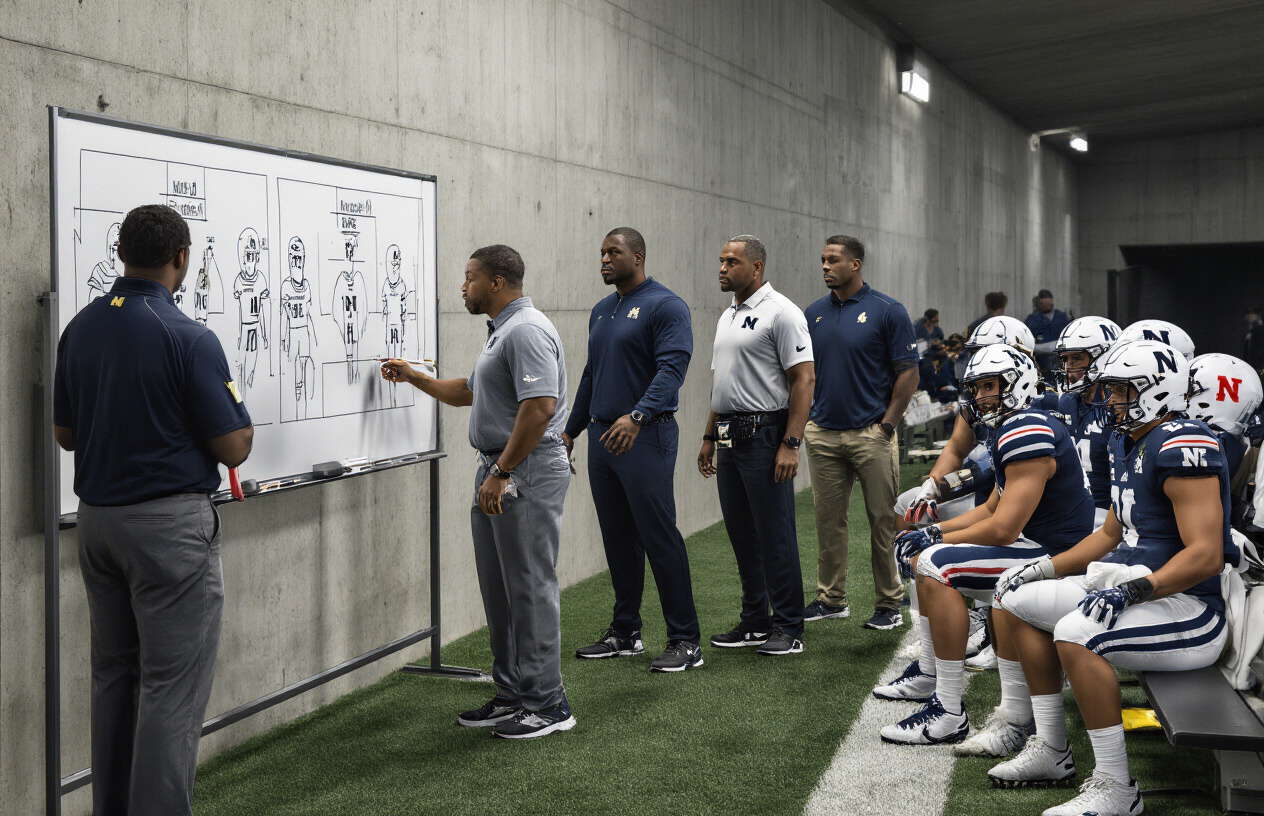 Create a realistic image of a football coaching staff making tactical adjustments during halftime, showing diverse male coaches of different races (white, black, Hispanic) gathered around a whiteboard with game formations, players in Michigan and Nebraska uniforms sitting on benches listening intently in the background, inside a well-lit stadium tunnel or locker room area with concrete walls, capturing the intense and focused atmosphere of strategic planning during a competitive college football game, Absolutely NO text should be in the scene.