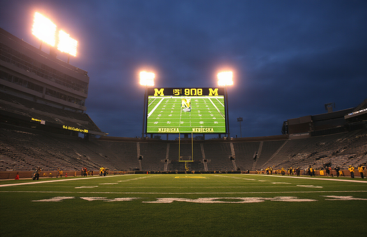 Create a realistic image of a football stadium scoreboard displaying the final score between Michigan and Nebraska, with bright stadium lights illuminating the scoreboard against a dark evening sky, football field visible in the background with yard markers, empty stadium seats partially visible, dramatic lighting creating a post-game atmosphere, absolutely NO text should be in the scene.