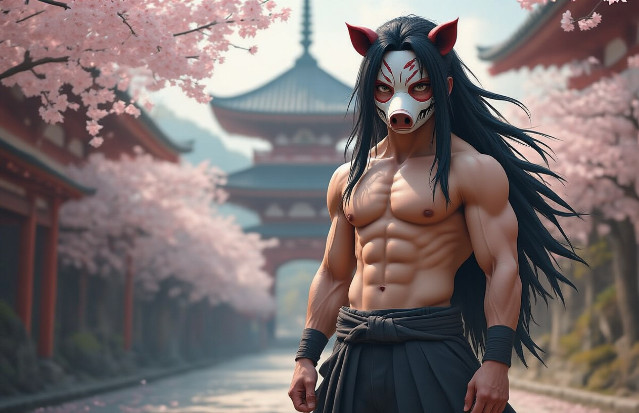 Create a realistic image of Inosuke Hashibira, a muscular teenage Japanese male character with long black hair and a wild appearance, wearing his signature boar head mask and bare chest with dark pants, standing in a confident pose against a traditional Japanese temple background with cherry blossom trees, soft natural lighting creating a serene atmosphere, absolutely NO text should be in the scene.