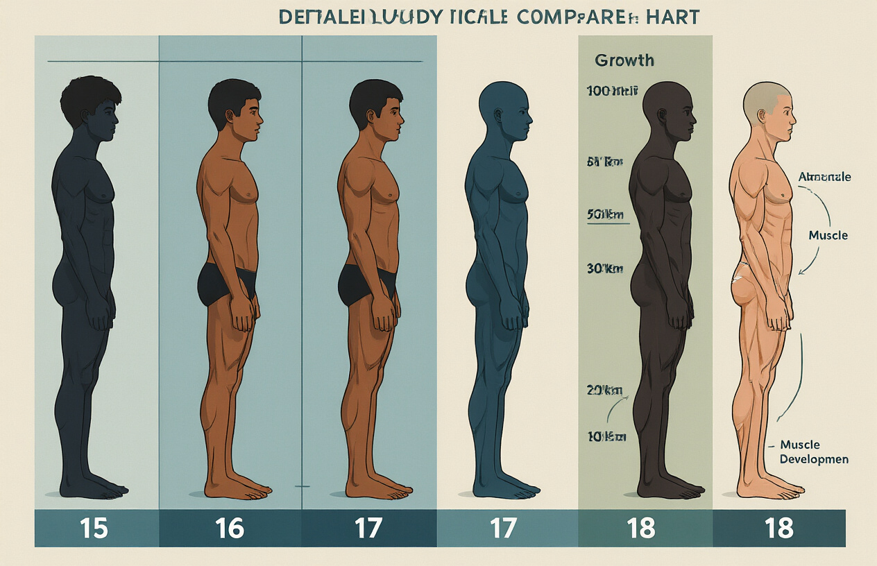 Create a realistic image of a detailed anatomical comparison chart showing different stages of physical development from adolescence to young adulthood, featuring side-by-side silhouettes of male figures at ages 15, 16, 17, and 18, with height measurements, muscle development indicators, and growth progression markers displayed through visual diagrams, set against a clean medical or educational background with soft professional lighting, Absolutely NO text should be in the scene.