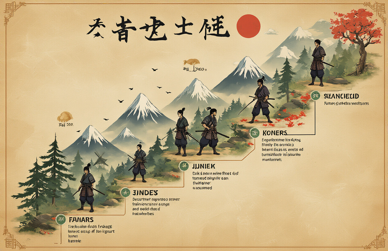 Create a realistic image of a detailed timeline infographic showing multiple stages of a young Japanese male warrior's journey through different seasons and landscapes, featuring progression from mountain forests to training grounds to battle scenes, with visual markers indicating age progression through subtle changes in appearance and equipment, set against a parchment-like background with connecting paths and milestone markers, warm ambient lighting highlighting the chronological progression, absolutely NO text should be in the scene.
