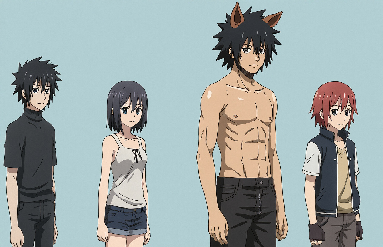 Create a realistic image of four anime-style teenage characters standing side by side in a comparison lineup, including a wild-looking male character with black hair wearing a boar mask on his head and bare-chested with dark pants, alongside three other distinct anime teenagers of varying heights, set against a neutral light blue background with soft even lighting, showing their relative ages and sizes for comparison purposes, absolutely NO text should be in the scene.