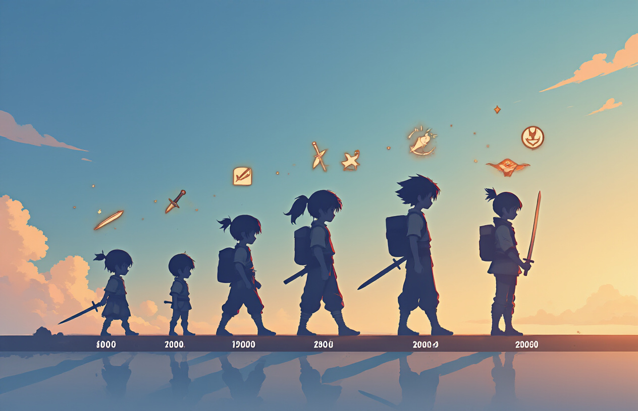 Create a realistic image of a timeline visualization showing character growth stages with silhouettes of a young anime-style warrior character at different ages progressing from child to teenager to young adult, each silhouette positioned along a horizontal timeline with subtle age markers, set against a soft gradient background transitioning from light blue to warm orange, with small milestone icons like swords, training equipment, and achievement symbols floating near each character stage, warm natural lighting creating depth and focus on the character progression, absolutely NO text should be in the scene.