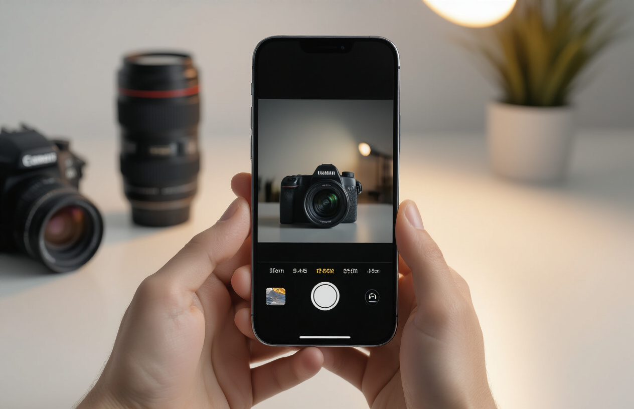 Create a realistic image of a close-up view of an iPhone 17 being held by hands showing the camera interface with advanced photography controls visible on the screen, professional camera equipment like a DSLR and lens in the blurred background, warm studio lighting creating dramatic shadows, modern photography workspace setting with clean surfaces, the phone's camera module prominently displayed, mood conveying technical expertise and creativity, absolutely NO text should be in the scene.