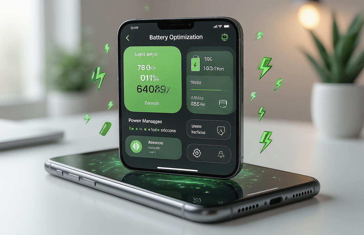 Create a realistic image of an iPhone 17 displaying battery optimization settings on its screen, with battery percentage icons and power management controls visible, surrounded by subtle green energy-saving visual elements like small lightning bolts and battery symbols floating around the device, placed on a clean white desk surface with soft natural lighting from the side, creating a modern tech atmosphere that emphasizes energy efficiency and hidden features, absolutely NO text should be in the scene.