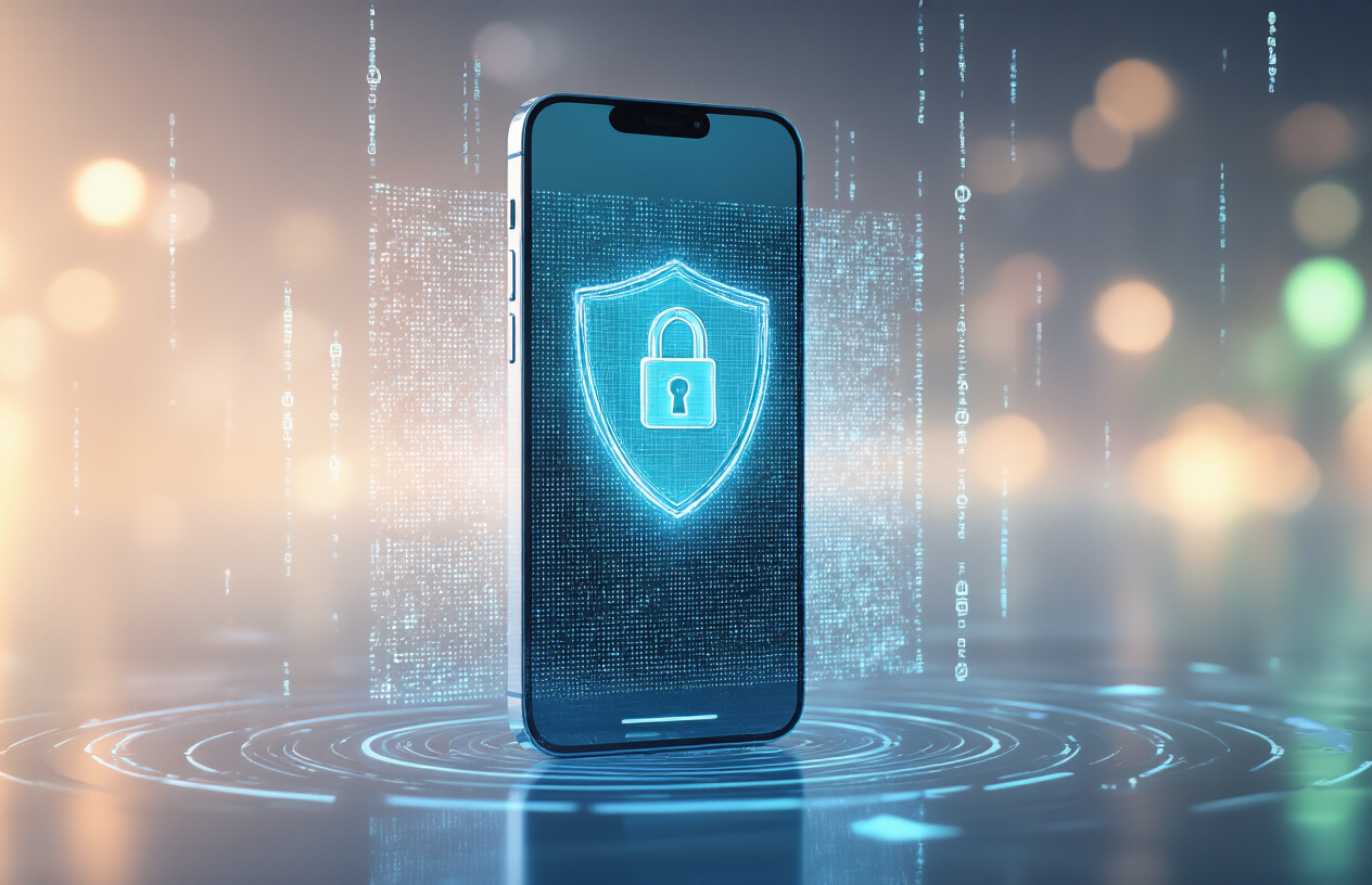 Create a realistic image of an iPhone 17 with a subtle digital shield or lock icon holographically projected above its screen, surrounded by soft blue and green security-themed visual effects like encrypted data streams and protective barriers, set against a clean dark background with modern ambient lighting, showing the phone's sleek design while emphasizing invisible security features working in the background, absolutely NO text should be in the scene.