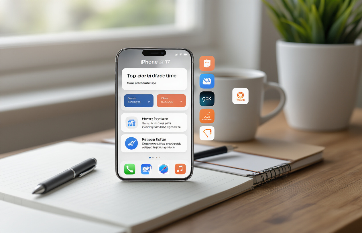 Create a realistic image of an iPhone 17 displaying multiple productivity apps and shortcuts on its screen, positioned on a modern wooden desk alongside productivity tools like a notebook, pen, and coffee cup, with soft natural lighting from a window creating a focused work environment, showing various app icons and gesture indicators that suggest workflow optimization features, captured from a slightly elevated angle to showcase both the device and workspace setup, with a clean minimalist background that emphasizes efficiency and organization, absolutely NO text should be in the scene.