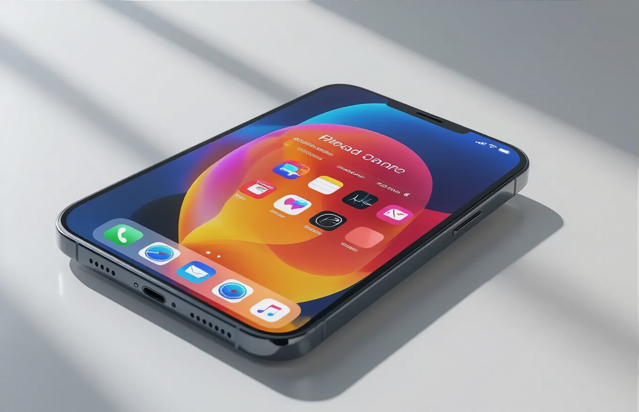 Create a realistic image of a sleek iPhone 17 with an enhanced display showing vibrant colors and improved interface elements, positioned at a slight angle on a clean white surface with soft studio lighting, featuring the phone's screen displaying a redesigned home screen with refined icons and smoother animations, captured in a modern tech photography style with subtle shadows and reflections, absolutely NO text should be in the scene.