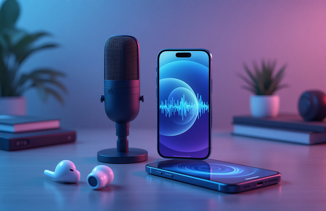 Create a realistic image of a sleek iPhone 17 with visible audio waves emanating from its speakers, positioned on a modern desk alongside high-quality wireless earbuds and a professional microphone, with soft blue and purple ambient lighting creating a tech-forward atmosphere that emphasizes advanced audio technology and communication capabilities, absolutely NO text should be in the scene.