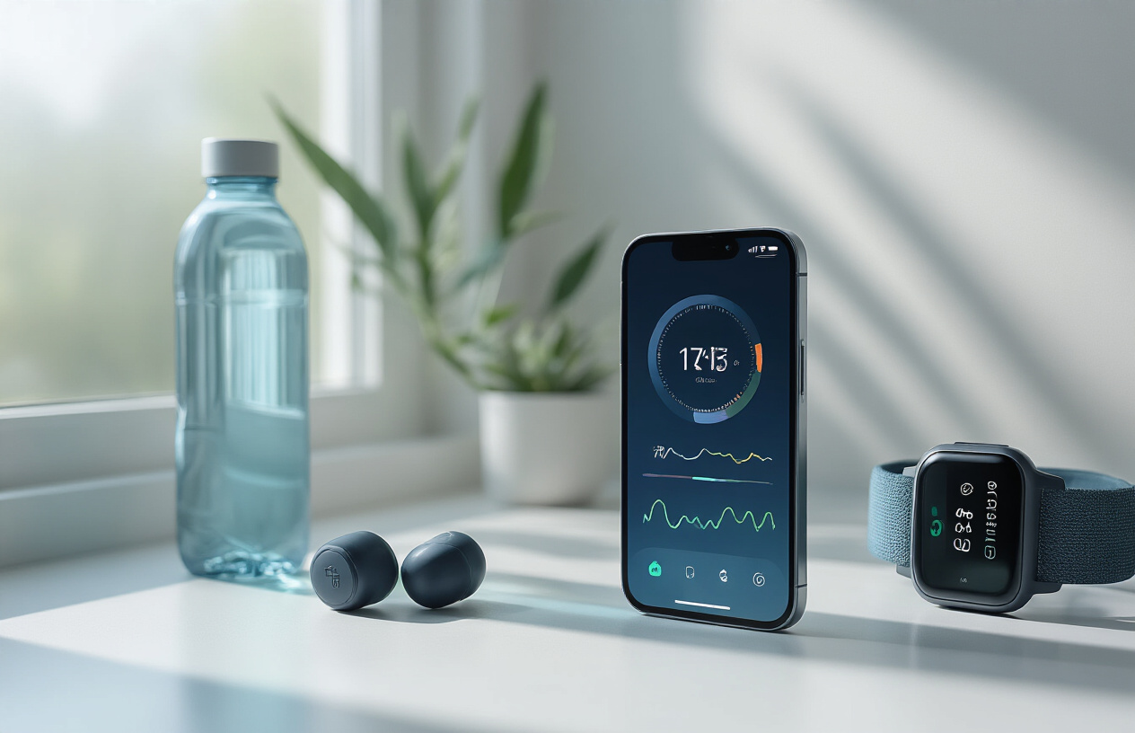 Create a realistic image of a modern iPhone 17 displaying health monitoring interface on its screen, positioned on a clean white surface next to fitness accessories including a water bottle, wireless earbuds, and a fitness tracker, with soft natural lighting from a nearby window creating gentle shadows, featuring subtle blue and green color tones that convey wellness and technology, absolutely NO text should be in the scene.