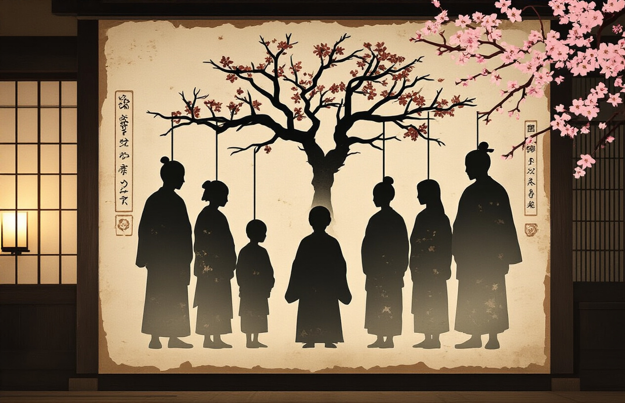 Create a realistic image of a mysterious family tree or genealogy chart with shadowy silhouettes representing unknown family members, featuring Japanese cultural elements like traditional paper scrolls, cherry blossoms in the background, dim candlelight creating an atmosphere of mystery and intrigue, with some family portraits partially obscured or faded to represent missing or unknown relatives, set in a traditional Japanese room with wooden elements and soft lighting that emphasizes the enigmatic nature of family secrets, absolutely NO text should be in the scene.