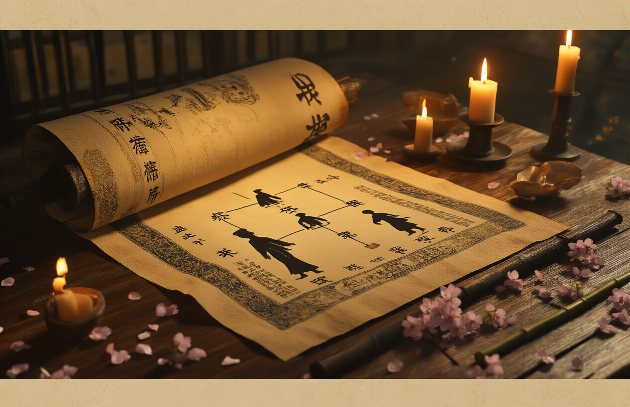 Create a realistic image of a dramatic revelation scene with an ancient Japanese scroll partially unrolled on a wooden table, showing a family tree or genealogy chart with connecting lines between silhouetted figures, surrounded by flickering candlelight casting mysterious shadows, with traditional Japanese elements like bamboo and cherry blossom petals scattered around, creating an atmosphere of discovery and hidden secrets being unveiled, all rendered in warm golden and amber tones to emphasize the momentous nature of uncovering long-hidden family truths, absolutely NO text should be in the scene.