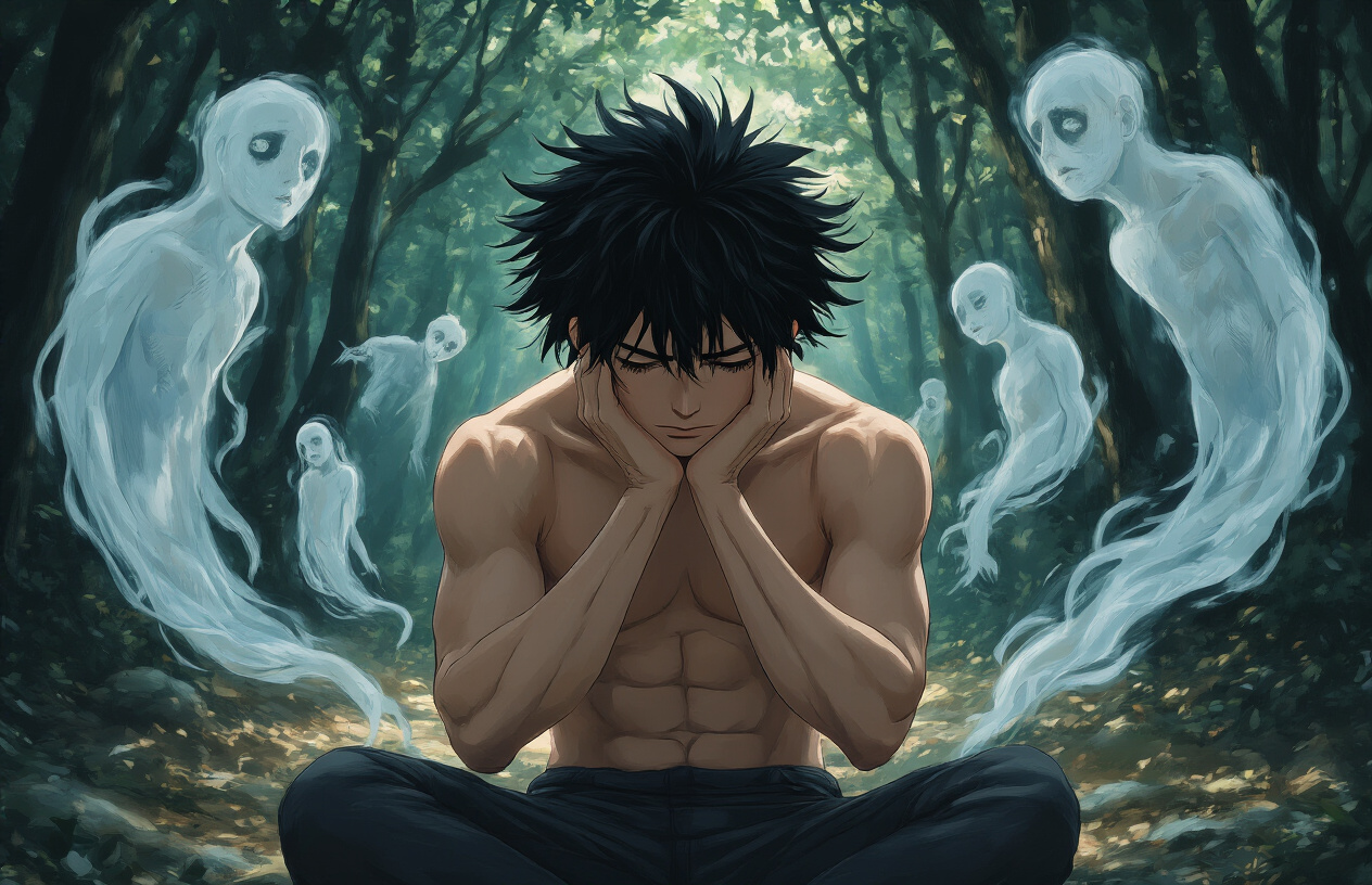 Create a realistic image of a young Japanese male with wild black hair and muscular build sitting in contemplative pose, head in hands, with emotional transformation visible through body language, surrounded by swirling ethereal memories or ghostly figures representing paternal connections, set in a dimly lit forest clearing with dappled sunlight filtering through trees, conveying introspection and character growth, with a melancholic yet hopeful mood, absolutely NO text should be in the scene.