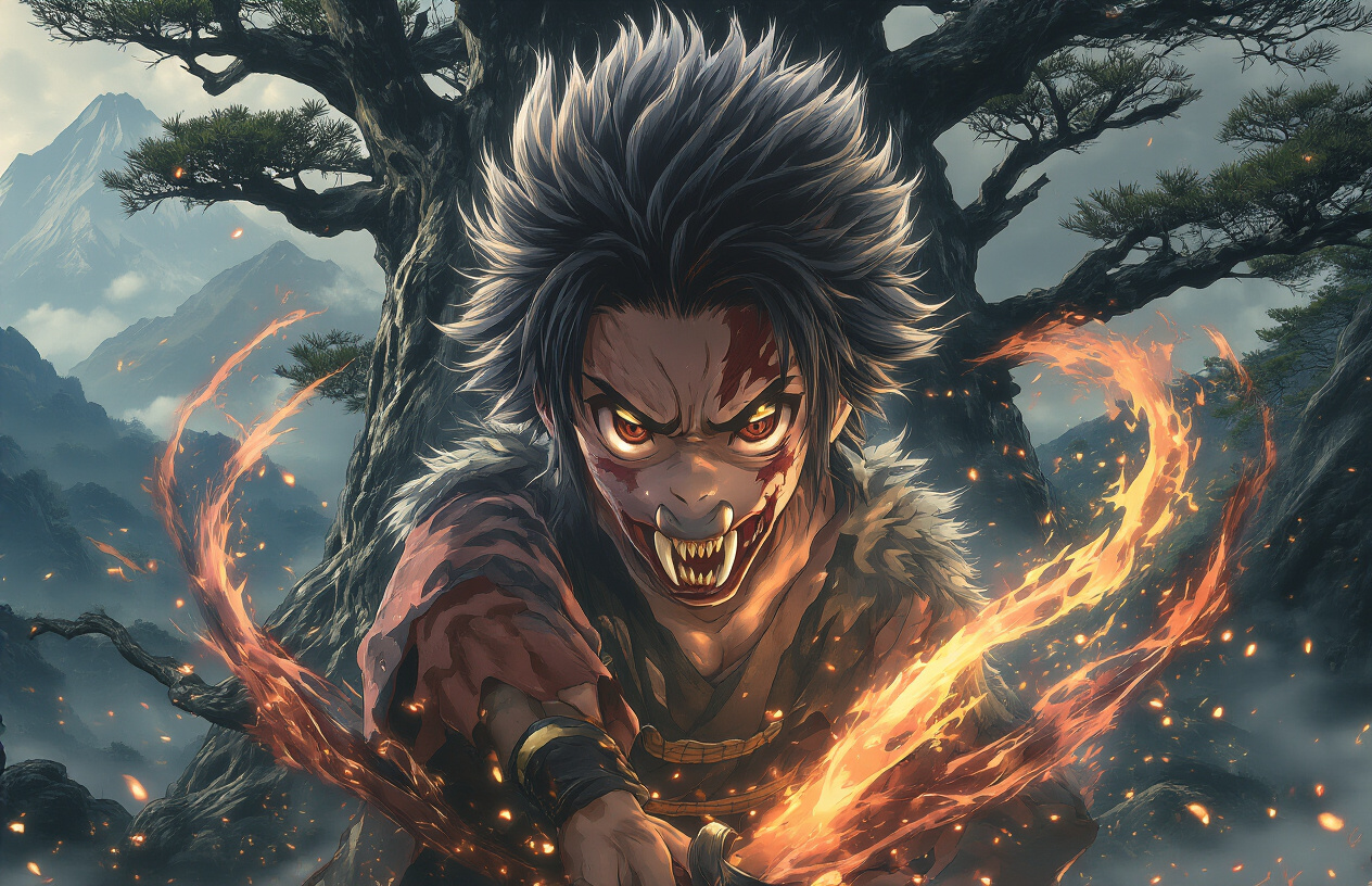 Create a realistic image of a young Japanese male warrior with wild boar-like features including sharp fangs and fierce eyes, surrounded by mystical energy auras and glowing particles that represent his inherited demon slayer abilities, set against a dramatic mountainous landscape with ancient trees and flowing mist, emphasizing the connection between his supernatural heritage and combat prowess through dynamic lighting that highlights both his human and beast-like characteristics, absolutely NO text should be in the scene.