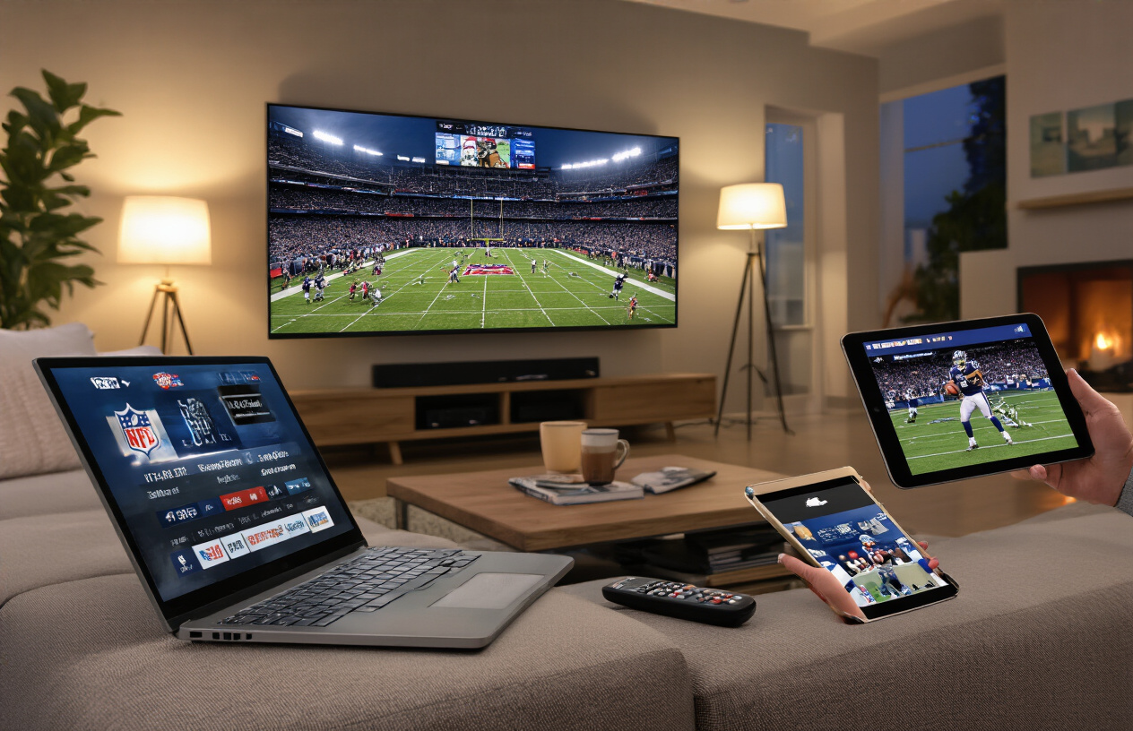 Create a realistic image of a modern living room with multiple screens showing football content, including a large flat-screen TV mounted on the wall displaying an NFL broadcast, a laptop computer open on a coffee table showing a streaming service interface, a tablet device propped up displaying sports coverage, and a smartphone in someone's hand showing a sports app, with a comfortable couch, remote controls scattered on the coffee table, ambient evening lighting from table lamps, and a cozy home entertainment setup atmosphere, absolutely NO text should be in the scene.
