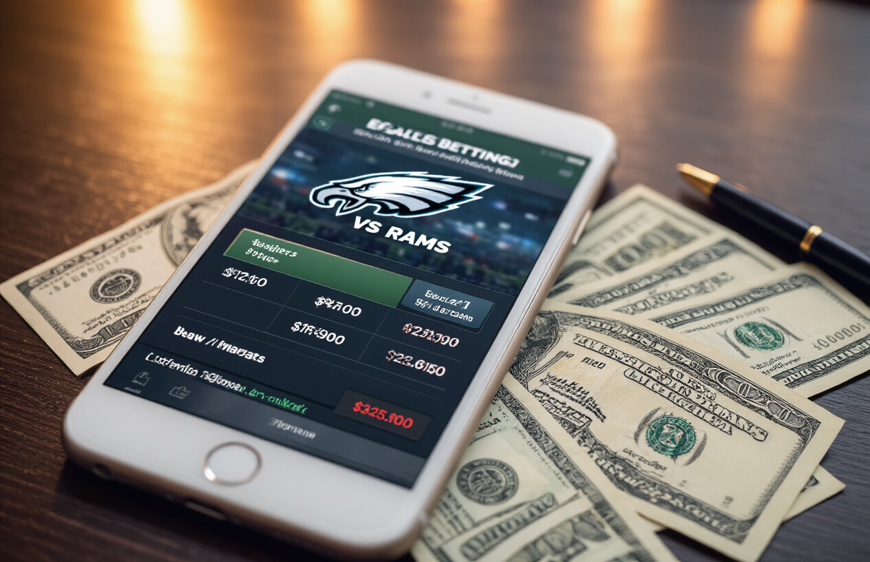 Create a realistic image of a close-up view of a smartphone or tablet displaying a sports betting app interface showing odds and betting lines for an Eagles vs Rams NFL game, with the device placed on a dark wooden desk surface next to some cash bills and a pen, under warm ambient lighting that creates subtle shadows, with the background slightly blurred to focus attention on the betting odds display. Absolutely NO text should be in the scene.