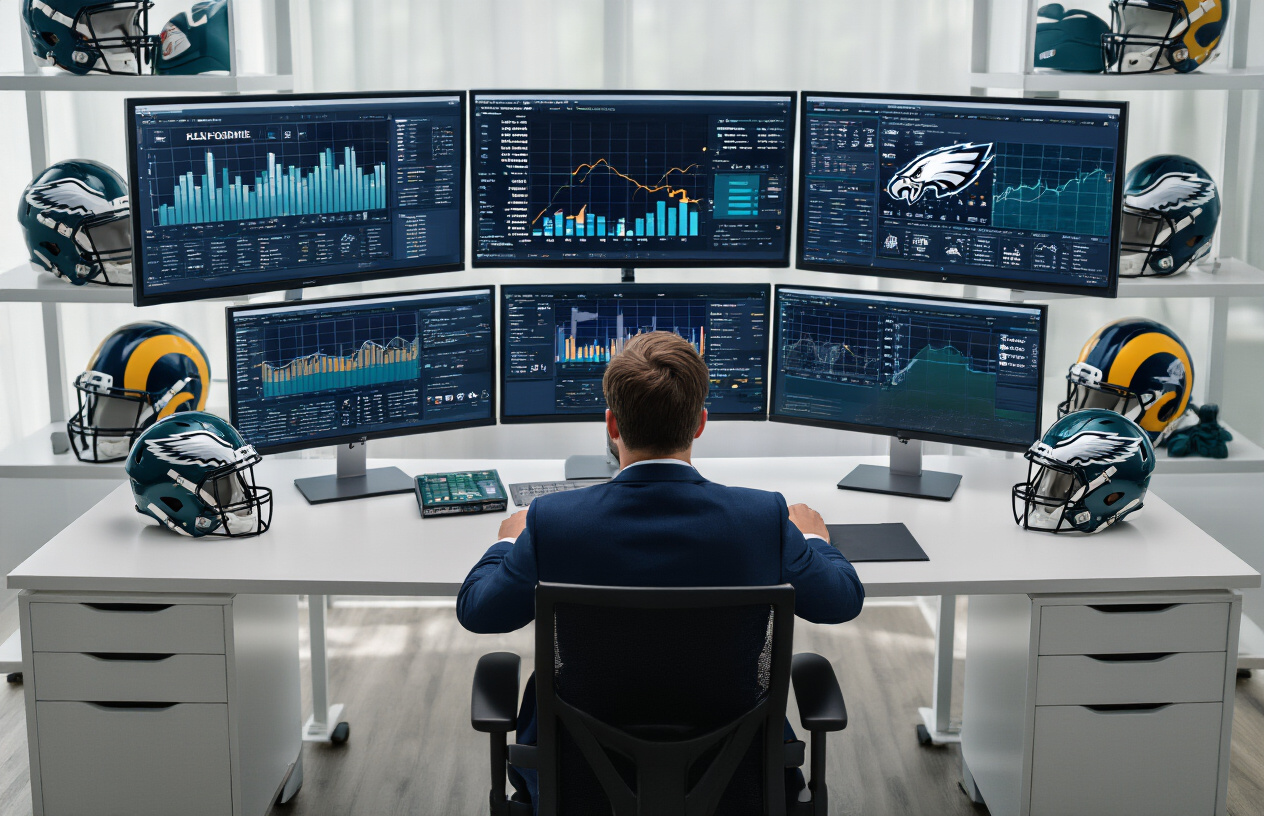 Create a realistic image of a professional sports analytics setup showing football performance data on multiple computer monitors displaying statistical charts, graphs, and team comparison metrics, with a white male sports analyst in business attire sitting at a modern desk reviewing the data, surrounded by football helmets from both Eagles and Rams teams positioned on shelves, in a well-lit office environment with clean lighting and a focused, analytical atmosphere, absolutely NO text should be in the scene.