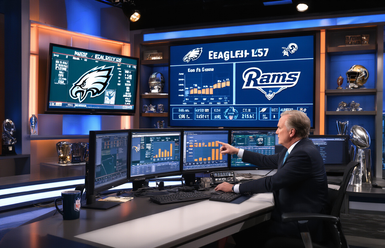 Create a realistic image of a professional sports analyst, white male in his 40s, sitting at a modern broadcasting desk with multiple computer monitors displaying NFL statistics and game data, pointing at charts and graphs on a large wall-mounted screen showing Eagles and Rams team logos, surrounded by sports memorabilia and trophies in a well-lit television studio environment with blue and orange lighting accents, conveying expertise and analytical focus, absolutely NO text should be in the scene.
