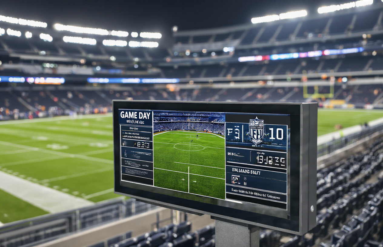 Create a realistic image of a modern stadium information board or digital display showing game day details, with a football field visible in the blurred background, stadium seating partially visible, professional sports venue lighting, clean and organized presentation style with multiple information sections laid out clearly, daytime atmosphere with bright stadium lights, Absolutely NO text should be in the scene.