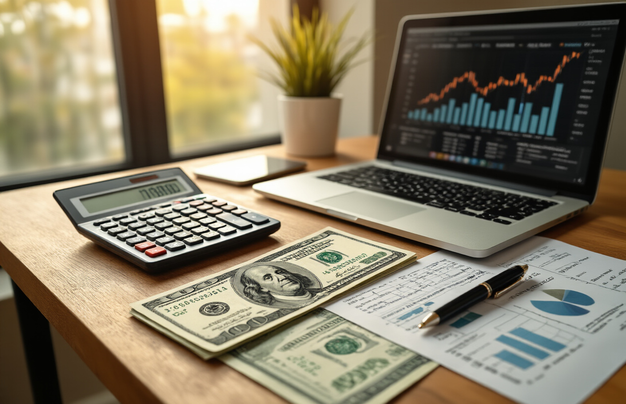 Create a realistic image of a modern office desk with Canadian dollar bills, benefit documents, and salary comparison charts spread across the surface, alongside a calculator and pen, with a laptop displaying financial graphs in the background, warm natural lighting from a window, professional corporate atmosphere, absolutely NO text should be in the scene.