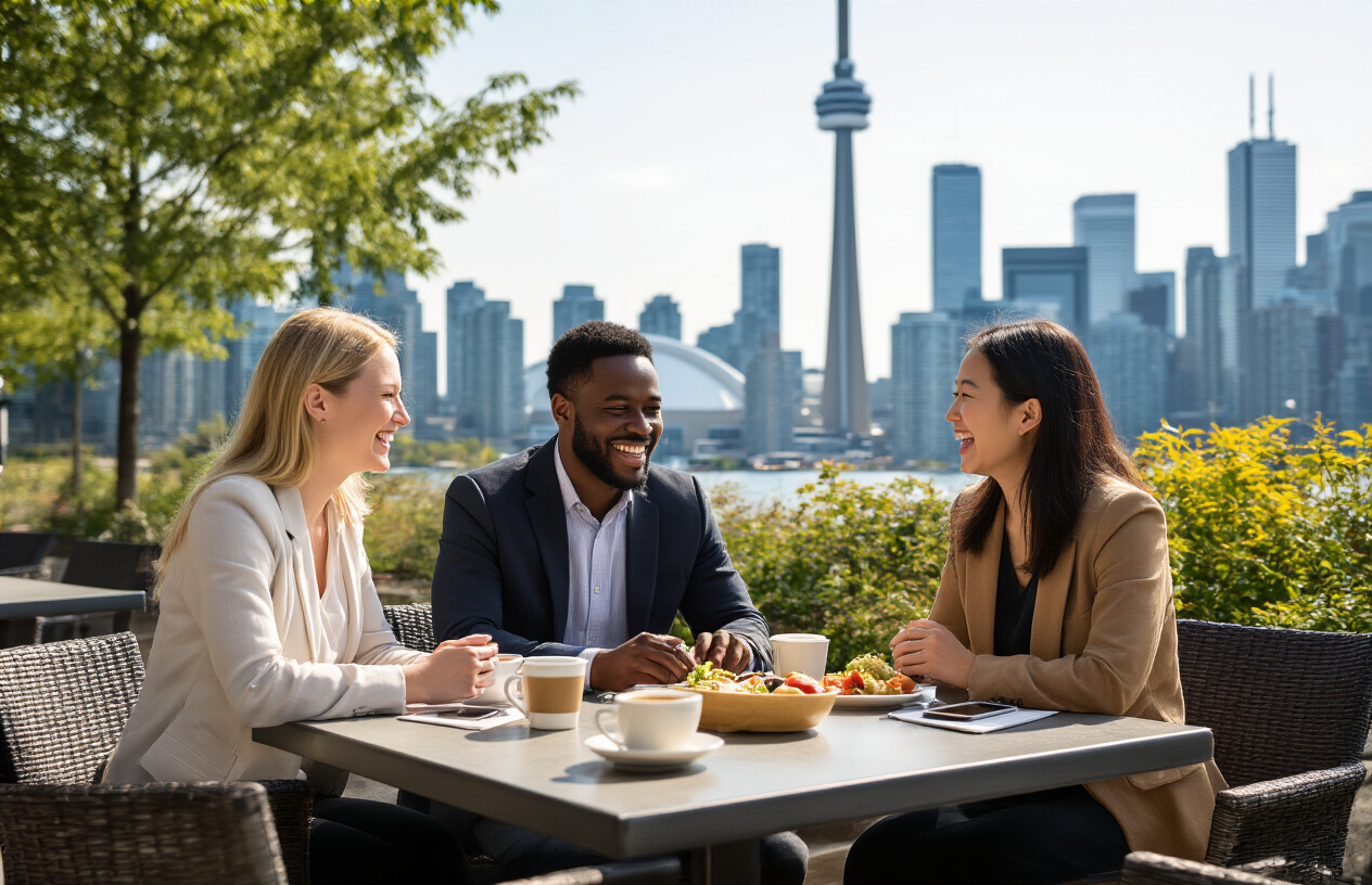 Create a realistic image of a diverse group of professionals including a white female, black male, and Asian female sitting at a modern outdoor cafe table during lunch break, laughing and enjoying conversation with the iconic CN Tower and Toronto skyline visible in the background, bright natural daylight creating a warm and inviting atmosphere, coffee cups and healthy lunch items on the table, everyone appearing relaxed and genuinely happy while wearing business casual attire, conveying work-life balance and career satisfaction in an urban Canadian setting, absolutely NO text should be in the scene.