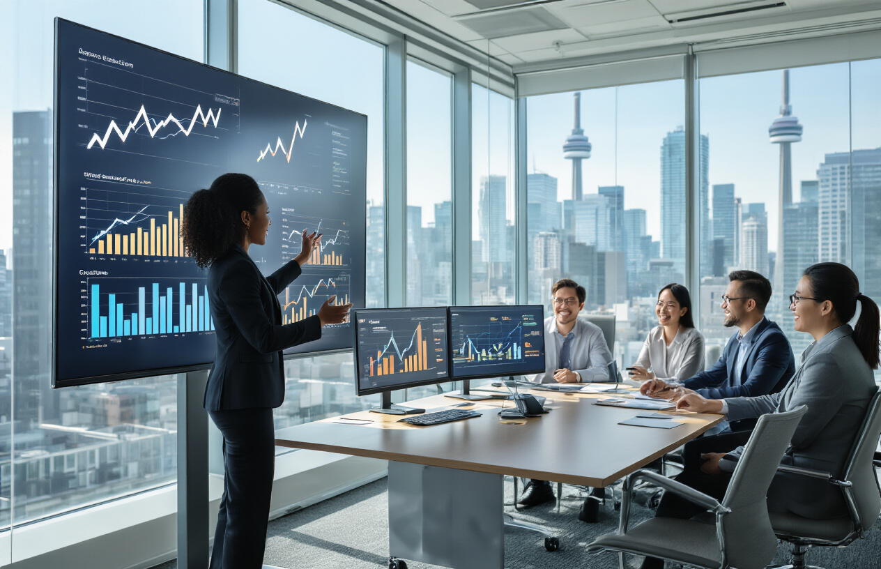 Create a realistic image of a diverse group of professionals in a modern Canadian office setting with floor-to-ceiling windows showing a city skyline, featuring a black female executive in a business suit presenting growth charts on a large screen to colleagues including a white male and Asian female, with upward trending arrow graphics displayed on multiple monitors, bright natural lighting creating an optimistic atmosphere, sleek conference room with glass walls and contemporary furniture, everyone engaged and smiling suggesting success and opportunity, absolutely NO text should be in the scene.