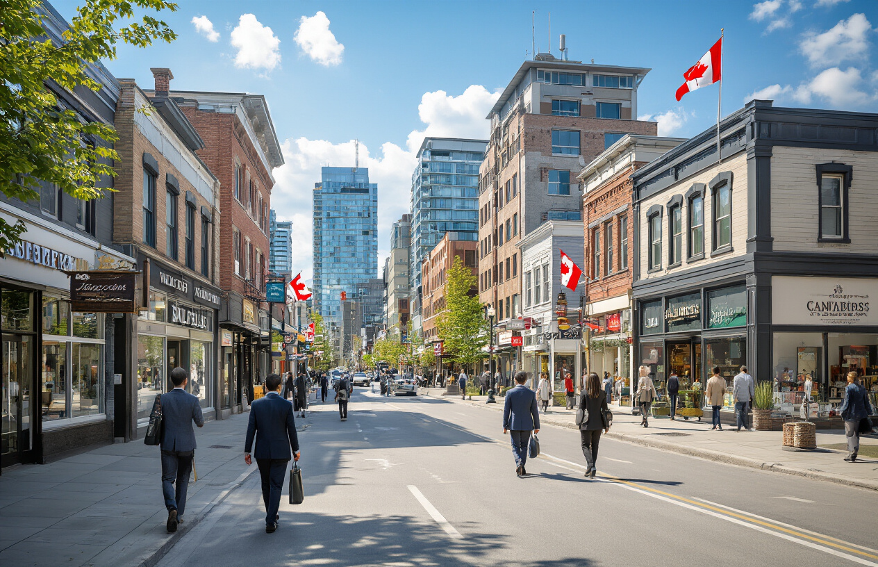 Create a realistic image of a bustling small Canadian city main street with local businesses, shops, and office buildings, featuring diverse professionals including white, black, and Asian men and women in business attire walking on sidewalks and entering modern office buildings, with Canadian flags visible on some buildings, surrounded by a mix of contemporary and traditional architecture typical of smaller Canadian urban centers, under bright daylight with clear blue skies, conveying an active and thriving local job market atmosphere, absolutely NO text should be in the scene.