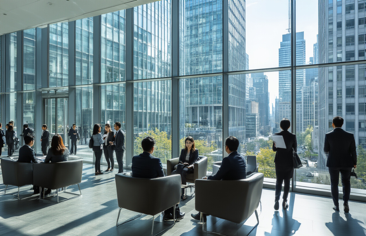 Create a realistic image of a busy modern office environment in downtown Toronto with tall glass buildings visible through large windows, showing diverse international job seekers including Asian, Black, and Middle Eastern men and women in business attire sitting in waiting areas and walking through a crowded corporate lobby, with HR professionals conducting interviews at glass-walled meeting rooms, capturing the intense and competitive atmosphere of job hunting with serious expressions and professional body language, shot with bright natural lighting streaming through floor-to-ceiling windows, absolutely NO text should be in the scene.