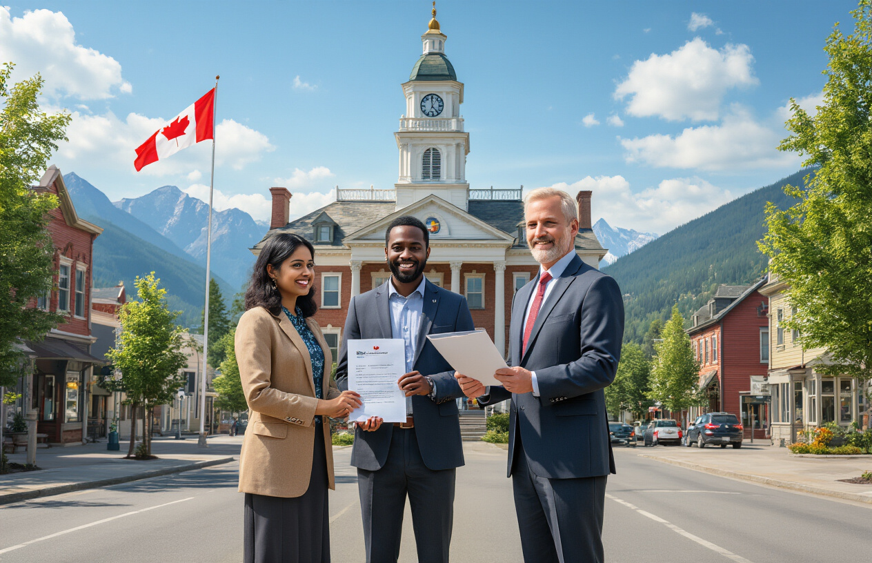 Create a realistic image of a diverse group of international professionals including a South Asian female, Black male, and white female standing in front of a charming small Canadian city hall building with a Canadian flag, while a government official, middle-aged white male in business attire, presents them with official Provincial Nominee Program documents in a welcoming gesture, set against a picturesque small town backdrop with tree-lined streets, cozy buildings, and mountains in the distance under bright natural daylight, conveying a sense of opportunity and welcome. Absolutely NO text should be in the scene.
