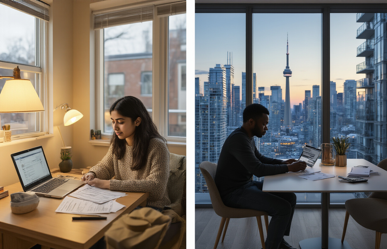 Create a realistic image of a split-screen comparison showing two different living scenarios: on the left side, a cozy small Canadian apartment with affordable furnishings, a young South Asian female international student sitting at a modest desk with a laptop and job application papers, warm lighting from a table lamp, and a view of a small town through the window; on the right side, an expensive Toronto high-rise apartment with modern but costly furnishings, a Black male international job seeker looking concerned while reviewing bills and expenses at a sleek dining table, city skyline visible through floor-to-ceiling windows, both scenes depicting the financial contrast of job searching in different locations, natural indoor lighting, absolutely NO text should be in the scene.