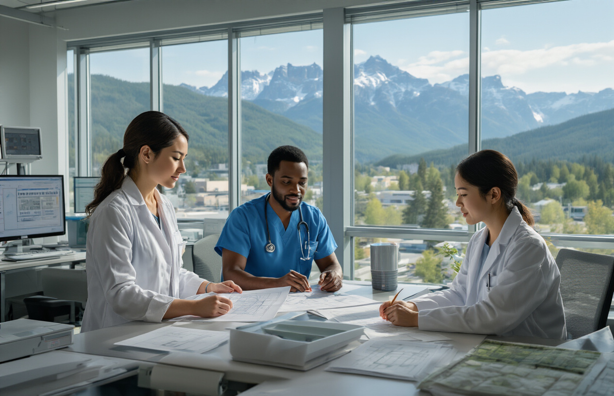 Create a realistic image of diverse professionals working in various industry settings across smaller Canadian cities, showing a white female engineer examining blueprints at a manufacturing facility, a black male healthcare worker in a modern medical facility, and an Asian female tech professional at a startup office, with scenic Canadian small-city landscapes visible through large windows, featuring mountains or forests in the background, bright natural lighting creating an optimistic and opportunity-filled atmosphere, absolutely NO text should be in the scene.