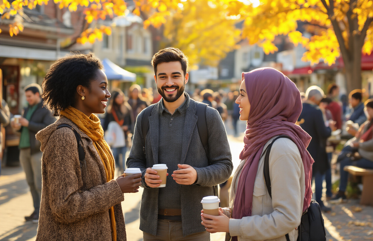 Create a realistic image of a diverse group of international professionals including a Black female, an Asian male, and a Middle Eastern female engaging in friendly conversation at an outdoor community event in a small Canadian city, with local residents of various ethnicities mingling naturally in the background, small-town architecture and maple trees visible, warm golden hour lighting creating an inviting atmosphere that emphasizes connection and integration, people holding coffee cups and appearing relaxed and welcomed in the community setting, absolutely NO text should be in the scene.