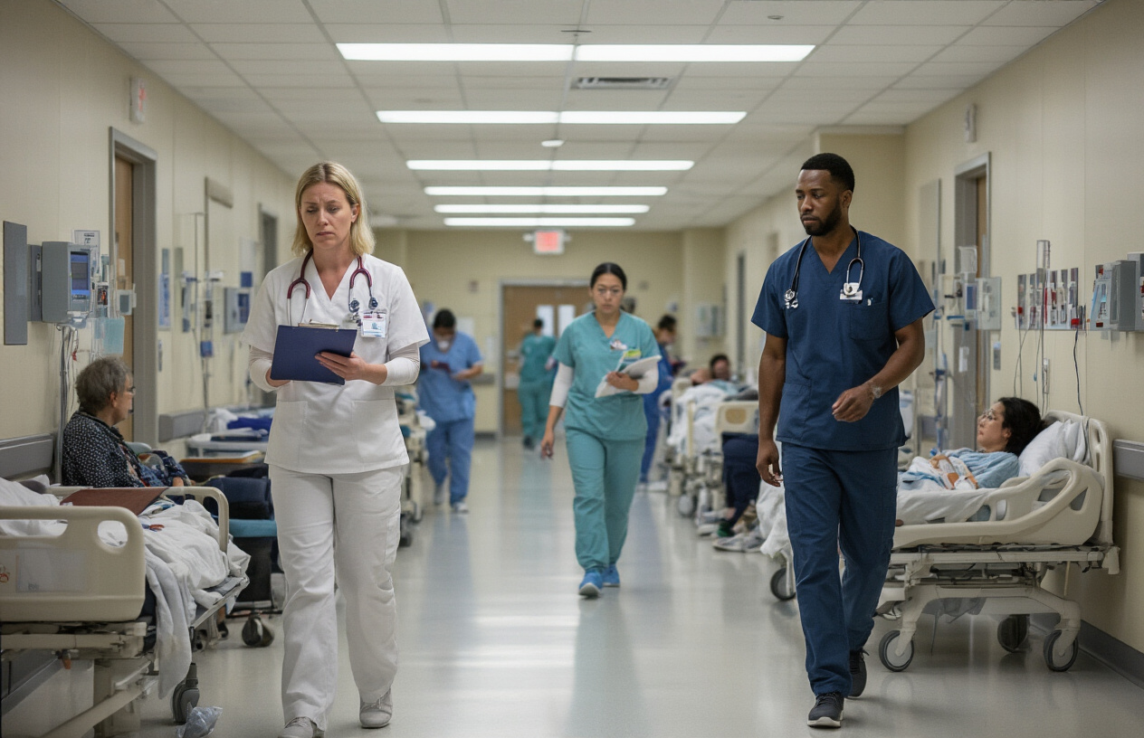 Create a realistic image of a bustling Canadian hospital corridor with diverse healthcare workers including a white female nurse looking stressed while checking patient charts, a black male doctor walking briskly with a stethoscope around his neck, and an Asian female medical professional in scrubs appearing overwhelmed, with visible signs of staff shortage such as empty nursing stations, patients waiting in hallway beds, and medical equipment scattered around, under bright fluorescent hospital lighting that emphasizes the urgent and critical atmosphere of the healthcare talent shortage crisis, absolutely NO text should be in the scene.