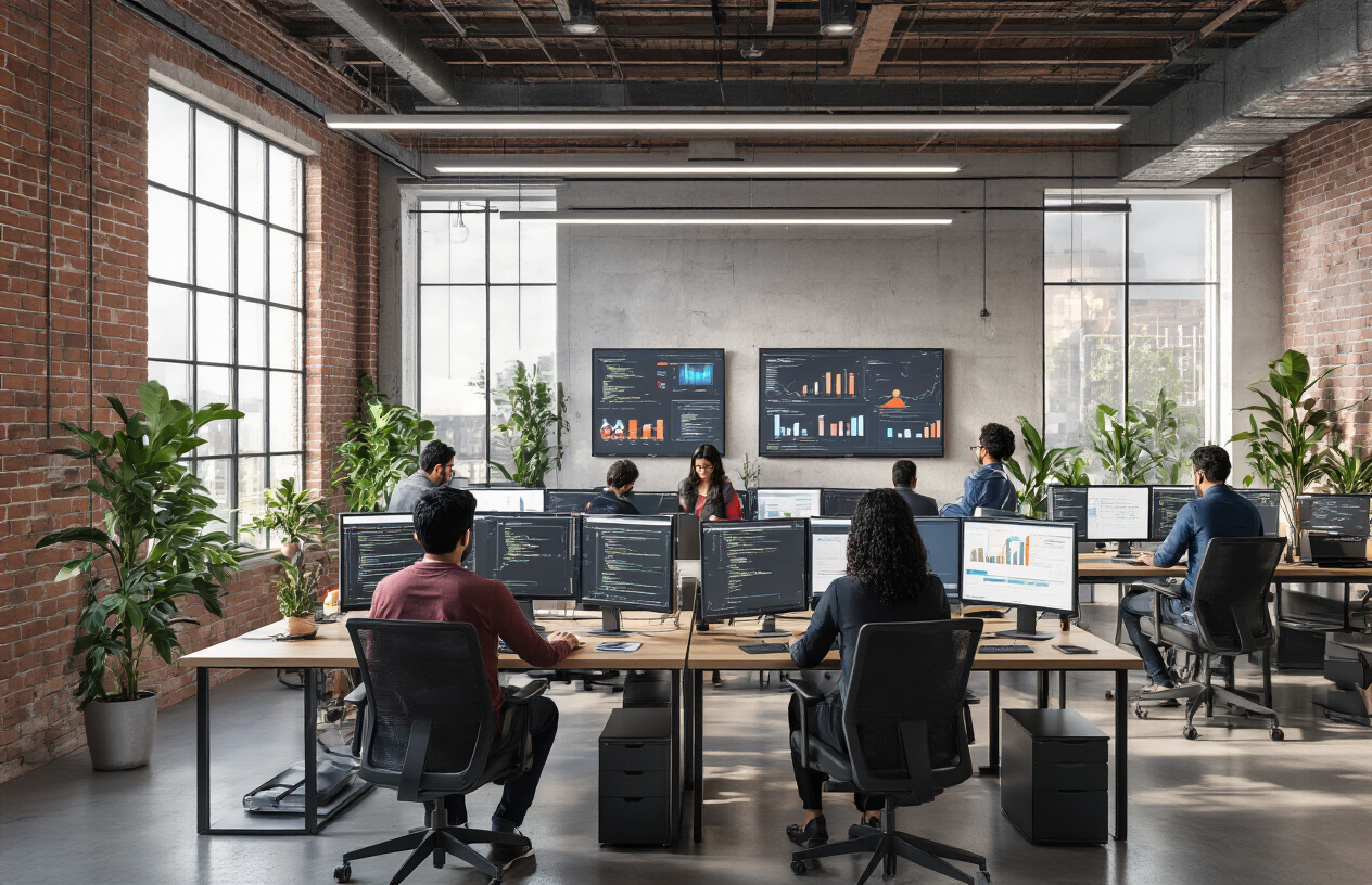 Create a realistic image of a modern open-concept tech office with diverse international professionals working at computer workstations, featuring a South Asian male software developer coding on multiple monitors, a Black female data scientist analyzing charts on a large screen, and a Middle Eastern male programmer collaborating with colleagues around a standing desk, with sleek glass conference rooms, exposed brick walls, industrial lighting, potted plants, and a bustling atmosphere that conveys rapid growth and innovation in the Canadian technology sector, shot with bright natural lighting streaming through large windows. Absolutely NO text should be in the scene.